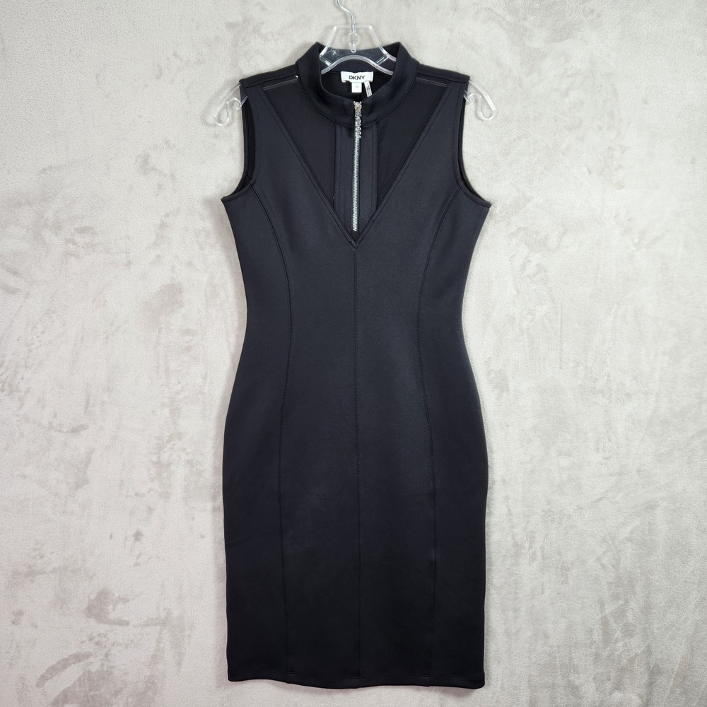 DKNY Sheath Dress Womens XS Black Mesh Inset Zip‎ Front Mock Neck Scuba Career